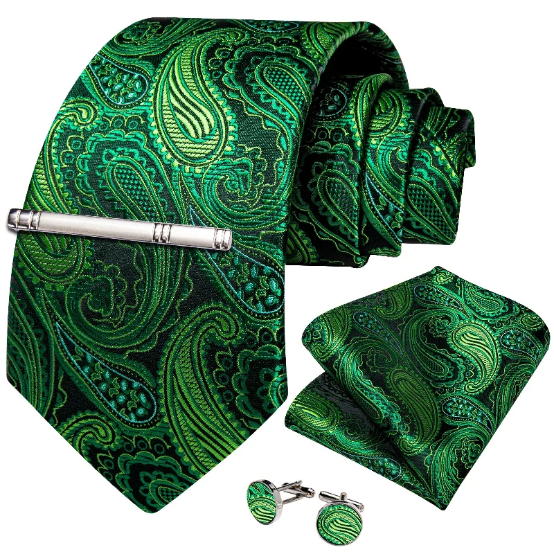 Men's solid color silk tie-Green Paisley Men's Tie Handkerchief Cufflinks Clip Set