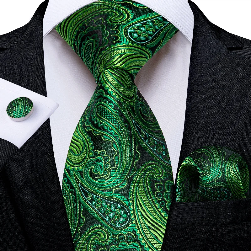 Classic men's necktie-Green Paisley Men's Tie Pocket Square Handkerchief Set