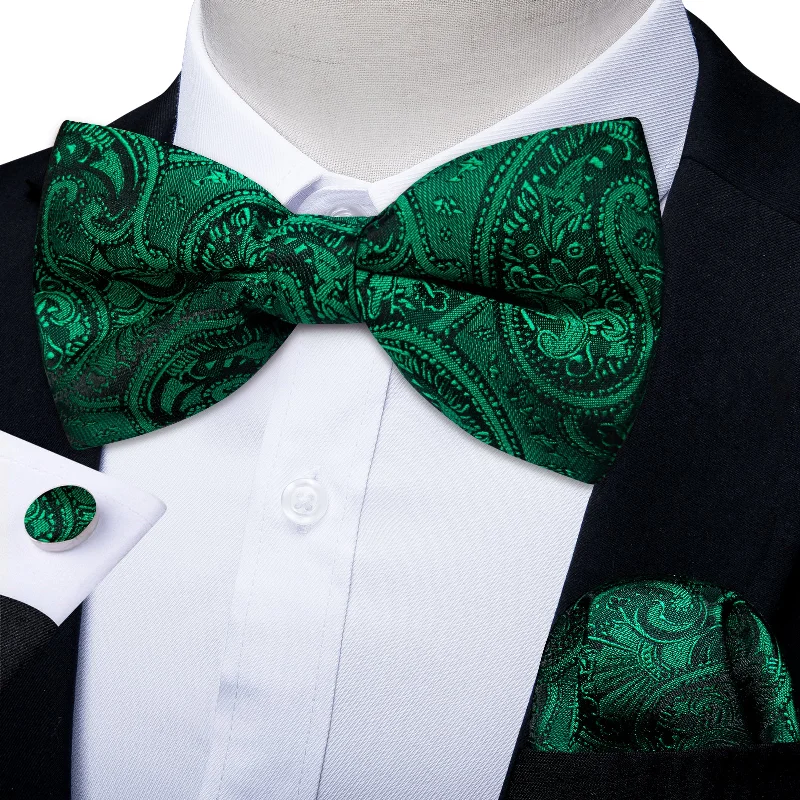 Men's tie with polka dots-Green Paisley Silk Bowtie Pocket Square Cufflinks Set