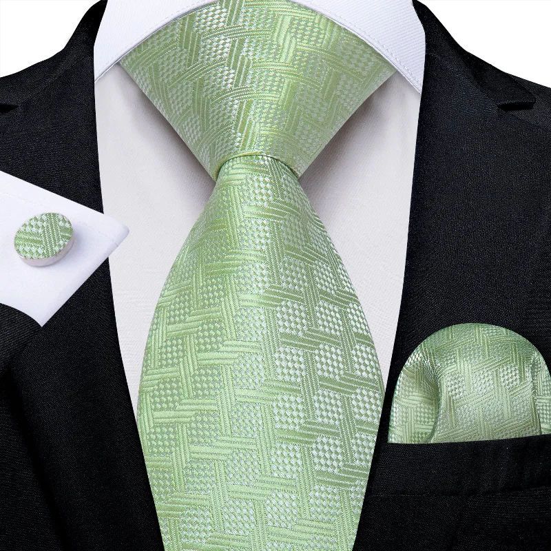 Men's tie for office parties-Green Plaid Men's Tie Pocket Square Handkerchief Set