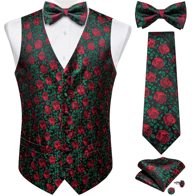 Men's tie for prom-Green Red Floral Jacquard Vest Neck Bow Tie Handkerchief Cufflinks Set