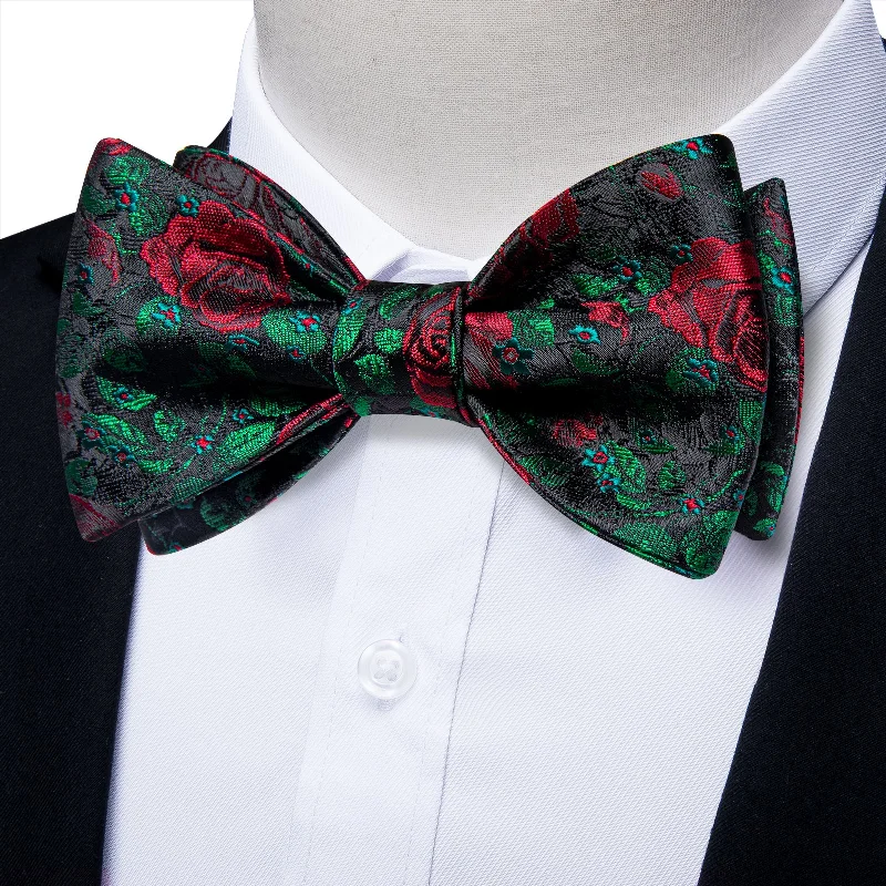 Solid color men's tie-Green Red Floral Self-Bowtie Pocket Square Cufflinks Set