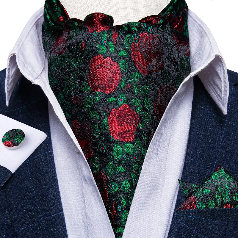 Men's tie with floral design-Green Red Floral Silk Cravat Woven Ascot Tie Pocket Square Handkerchief Suit Set