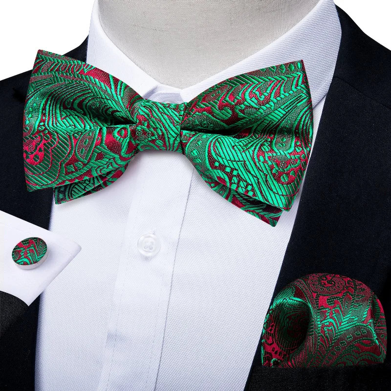 Affordable silk necktie for men-Green Red Floral Silk Men's Pre-Bowtie Pocket Square Cufflinks Set