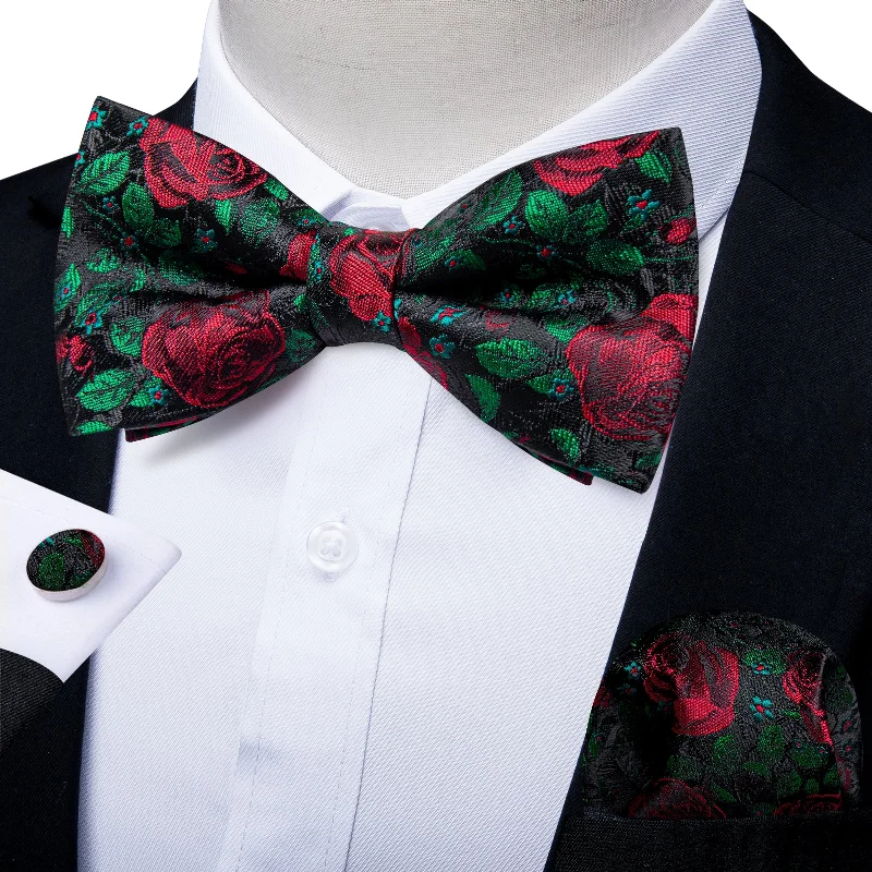 Men's tie for office interviews-Green Red Floral Silk Men's Pre-Bowtie Pocket Square Cufflinks Set