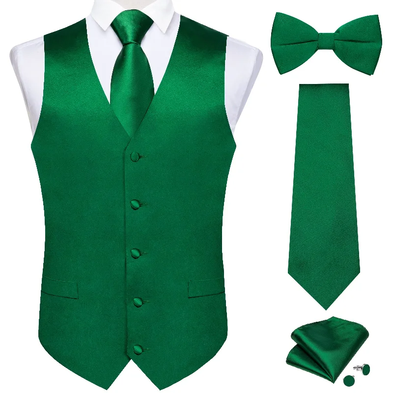 Men's tie for formal attire-Green Solid V Neck Vest Neck Bow Tie Handkerchief Cufflinks Set