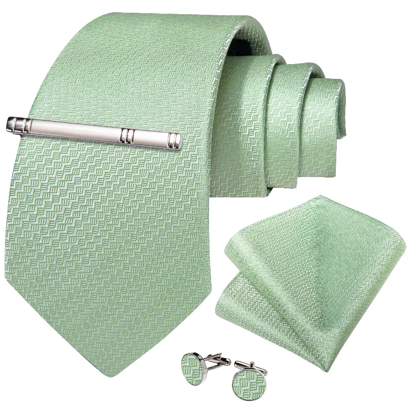 Men's tie with a checkered design-Green Solid Men's Tie Handkerchief Cufflinks Clip Set