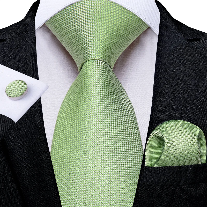 Men's tie with a textured weave-Green Solid Men's Tie Handkerchief Cufflinks Set