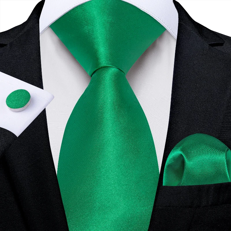 Men's tie with bold geometric design-Green Solid Men's Tie Handkerchief Cufflinks Set