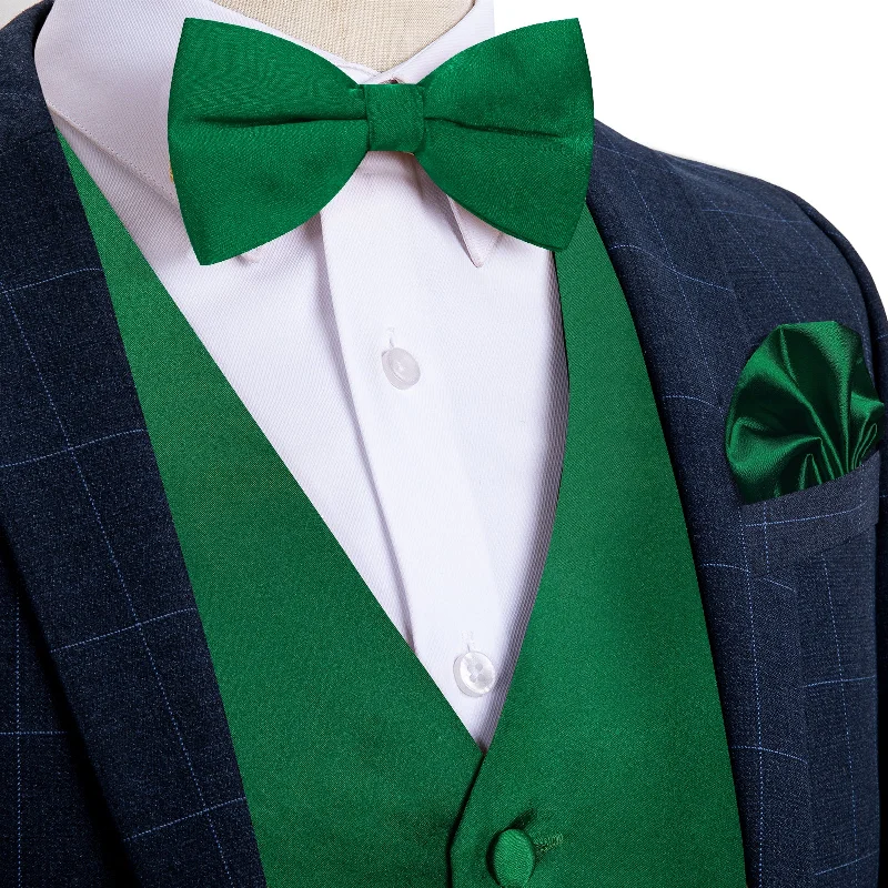 Men's tie for elegant weddings-Green Solid Satin Waistcoat Vest Bowtie Handkerchief Cufflinks Set