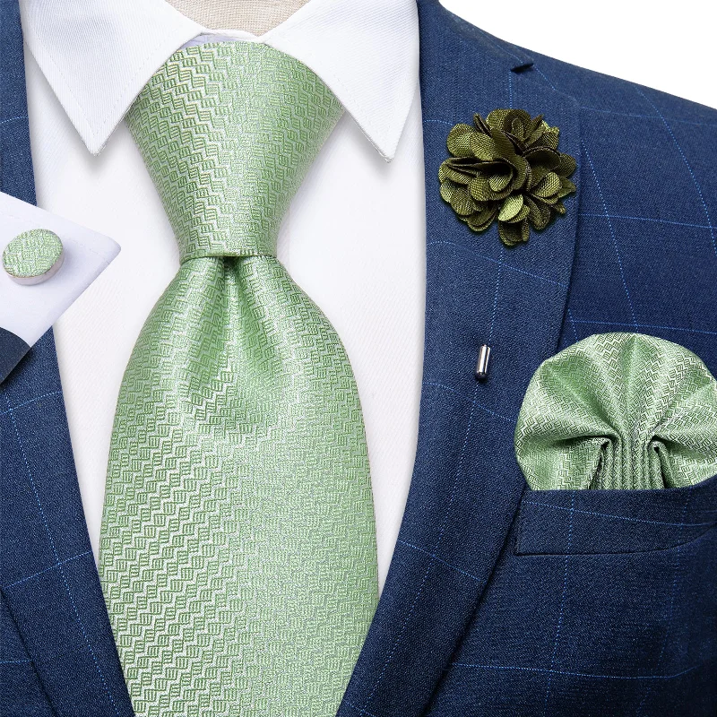 Men's silk tie-Green Solid Silk Men's Necktie Handkerchief Cufflinks Set With Lapel Pin Brooch Set