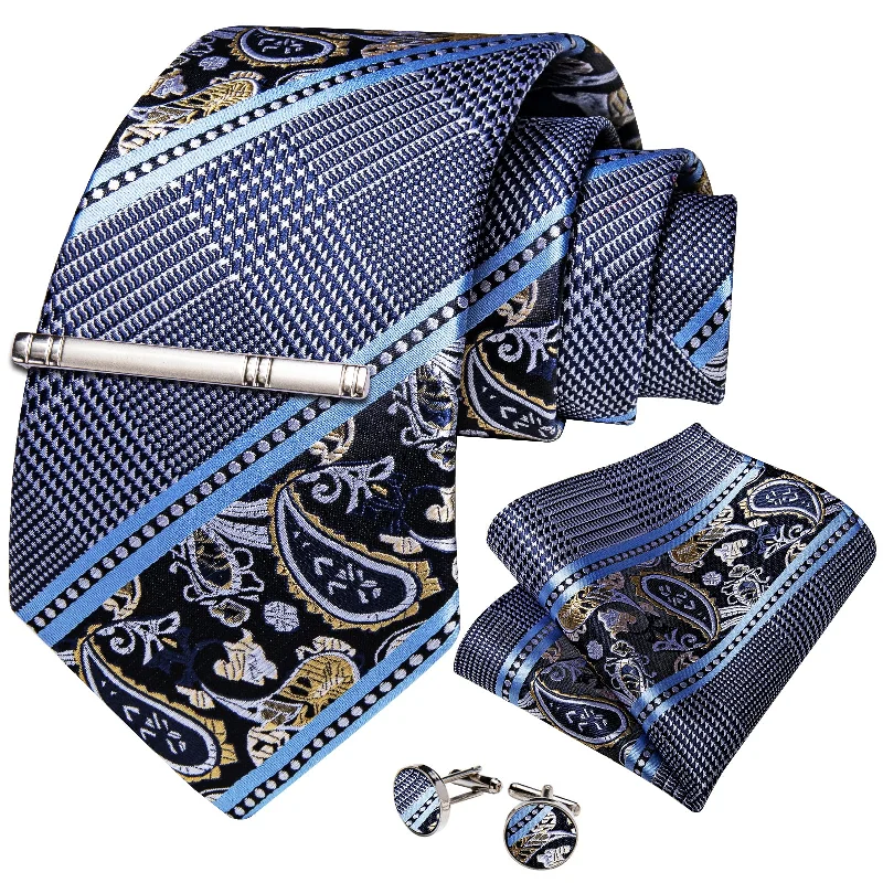 Men's tie with an embroidered design-Grey Blue Novelty Men's Tie Handkerchief Cufflinks Clip Set