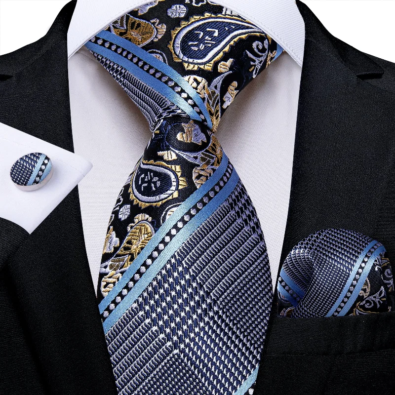 Professional men's tie for business-Grey Blue Novelty  Men's Tie Handkerchief Cufflinks Set