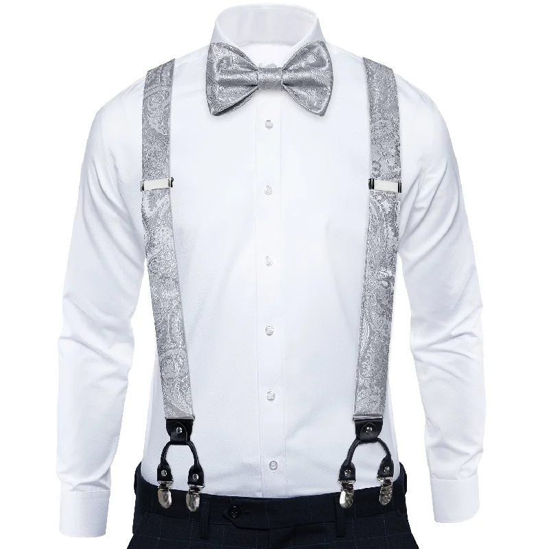 Men's tie with abstract pattern-Grey Floral Brace Clip-on Men's Suspender with Bow Tie Set