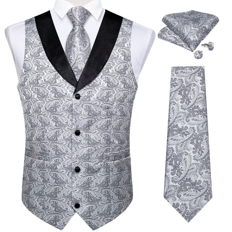 Men's tie for spring-Grey Floral Jacquard V Neck Waistcoat Vest Tie Handkerchief Cufflinks Set