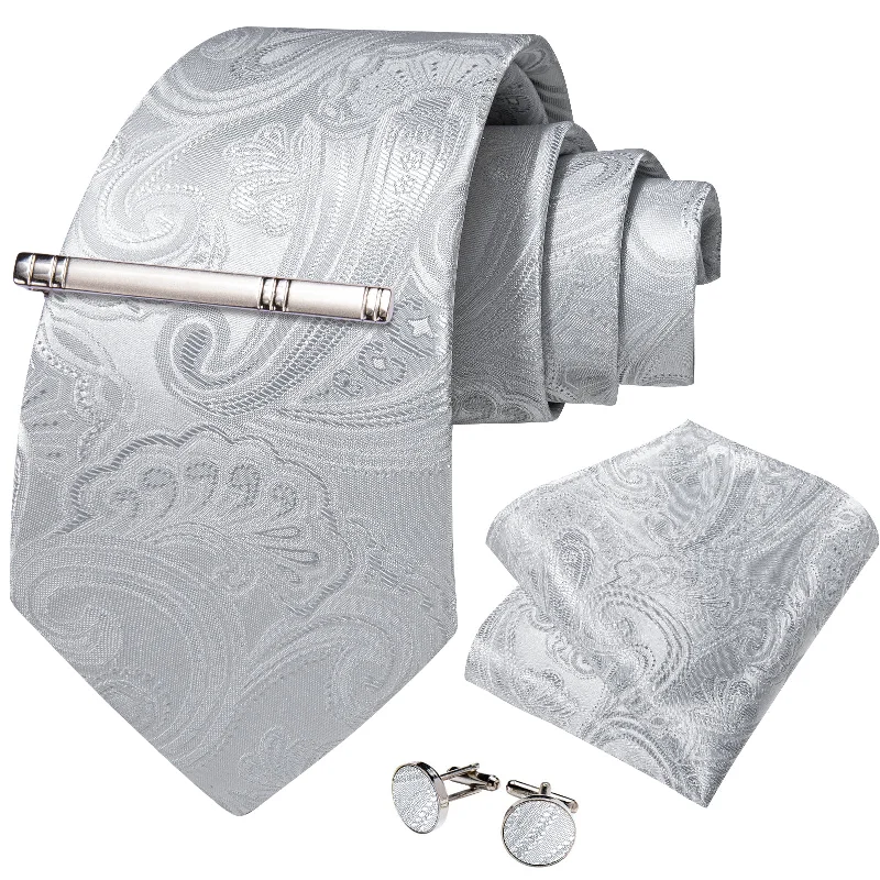 Luxury men's tie for wedding-Grey Floral Men's Tie Handkerchief Cufflinks Clip Set