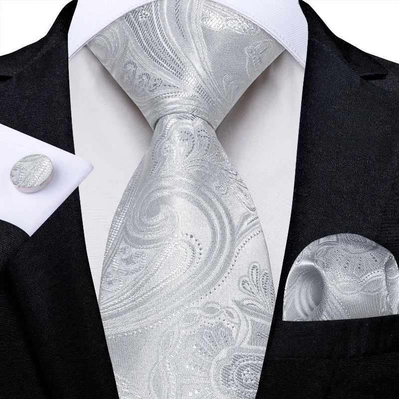 Classic necktie for men-Grey Floral Men's Tie Pocket Square Handkerchief Set