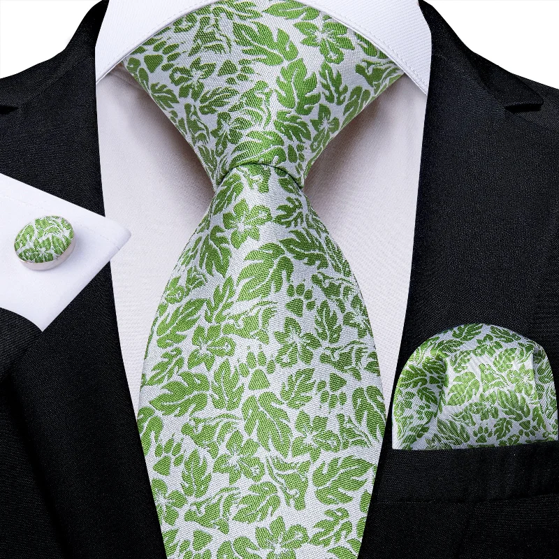 Modern men's necktie for work-Grey Green Leaves Men's Tie Handkerchief Cufflinks Set