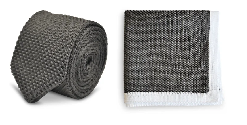 Men's tie for fancy dinners-Grey Knitted Tie with Matching Pocket Square