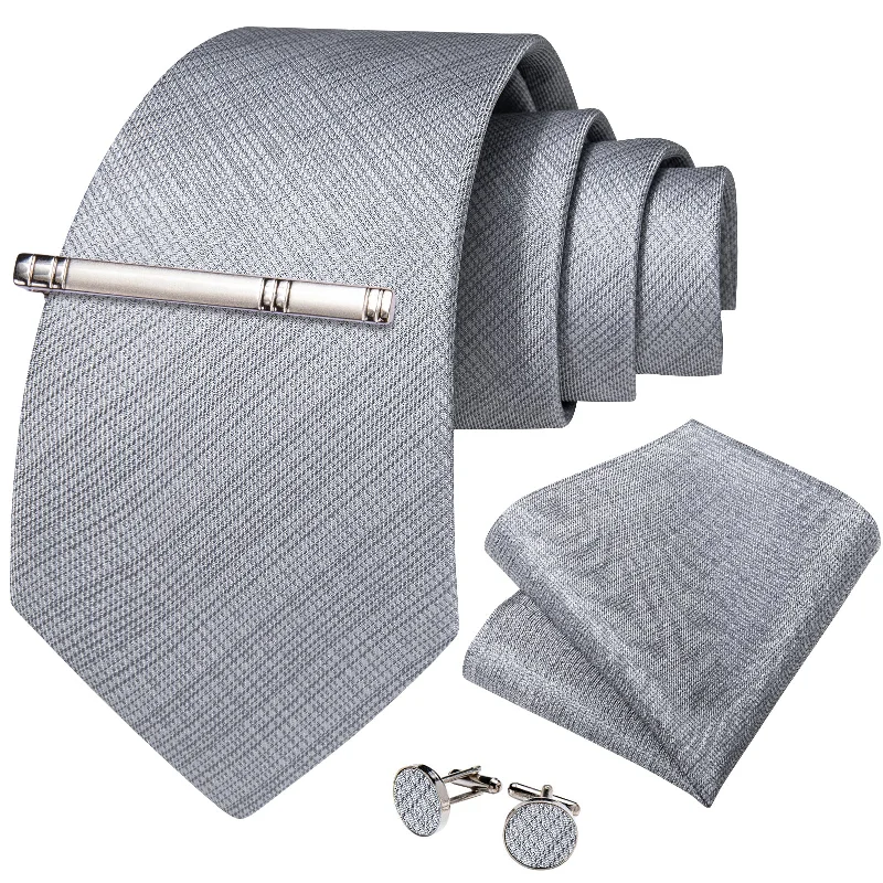 Men's tie for spring-Grey Solid Men's Tie Handkerchief Cufflinks Clip Set