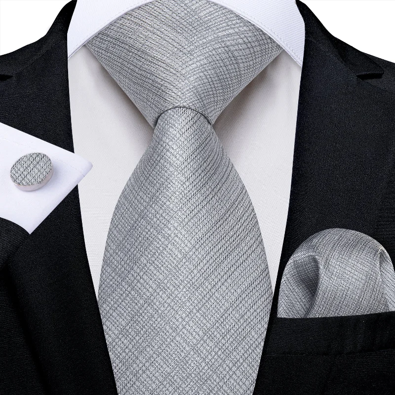 Men's tie for business meetings-Grey Solid Men's Tie Pocket Square Handkerchief Set