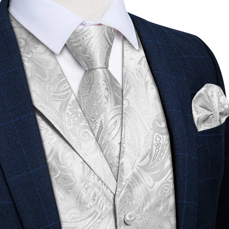 Men's tie for business meetings-Grey White Floral Jacquard V Neck Waistcoat Vest Tie Handkerchief Cufflinks Set