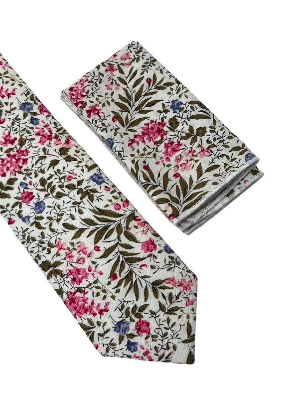 Men's tie with retro design-matching ivory pink cotton tie and pocket square with english wildflower garden design