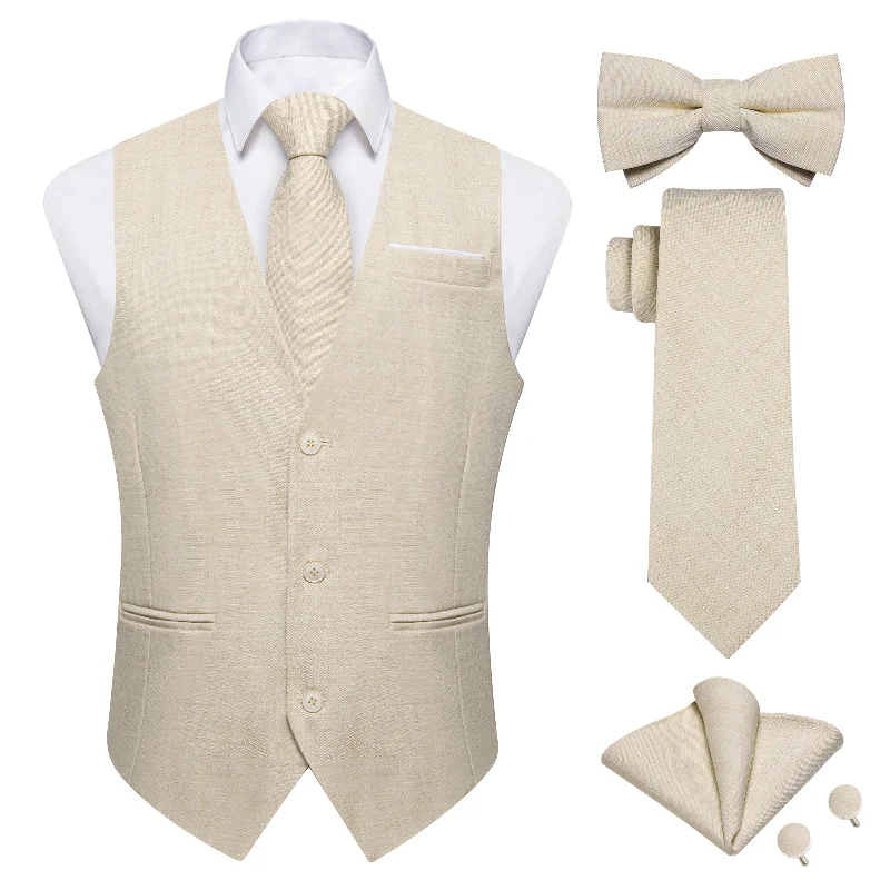 Casual men's tie-Khaki Solid Jacquard V Neck Vest Neck Bow Tie Handkerchief Cufflinks Set