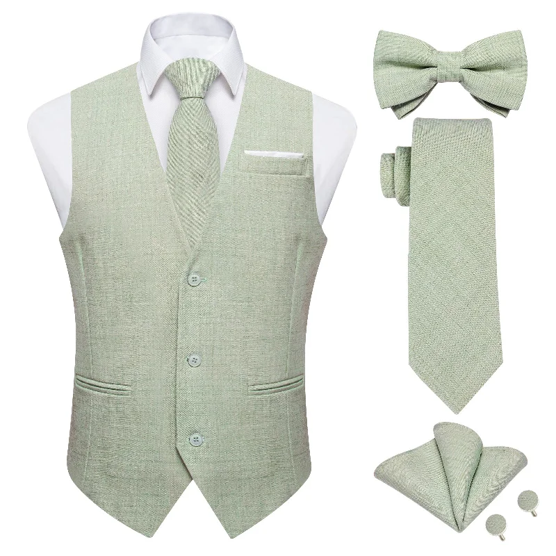 Men's tie for business casual-Green Solid V Neck Vest Neck Bow Tie Handkerchief Cufflinks Set