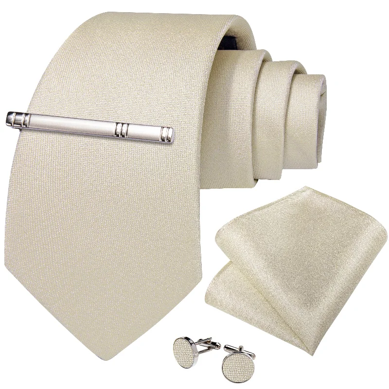 High-end men's necktie-Khaki Solid Men's Tie Handkerchief Cufflinks Clip Set