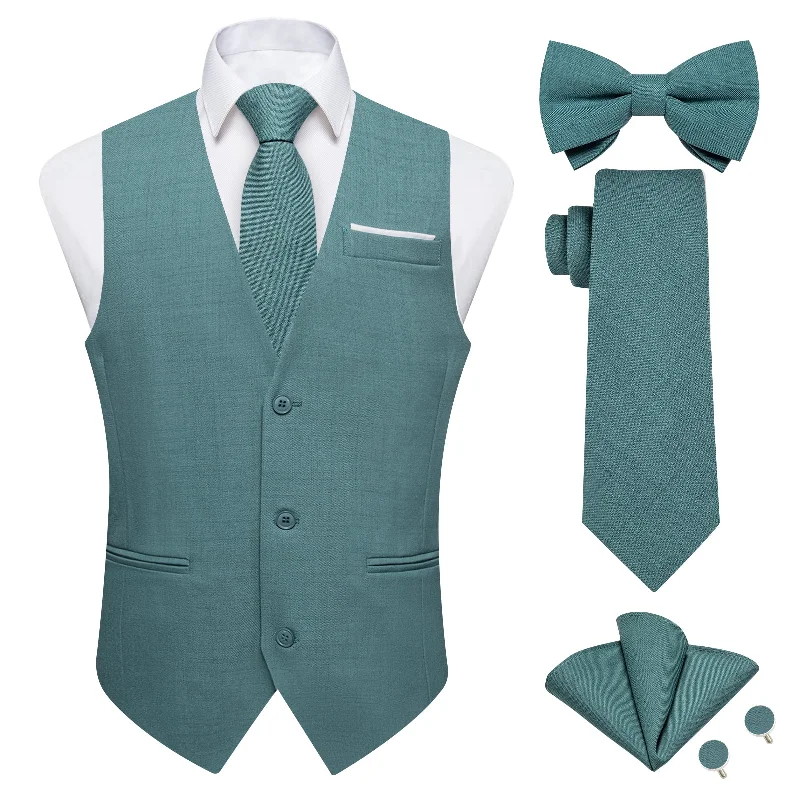 Men's luxury silk tie-Lake Green Solid Jacquard V Neck Vest Neck Bow Tie Handkerchief Cufflinks Set