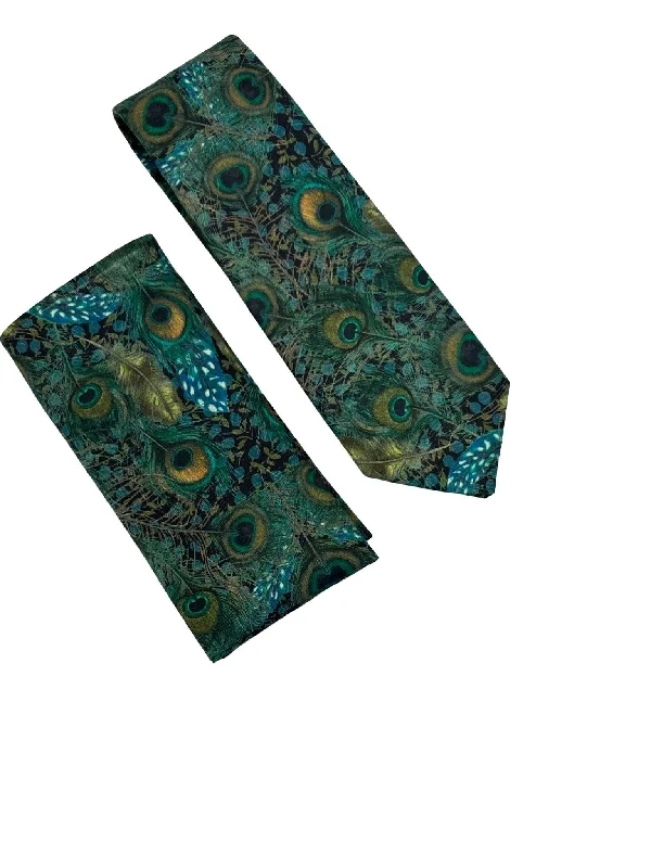 Men's tie with delicate stripes-Liberty style peacock feather design matching tie and  pocket square