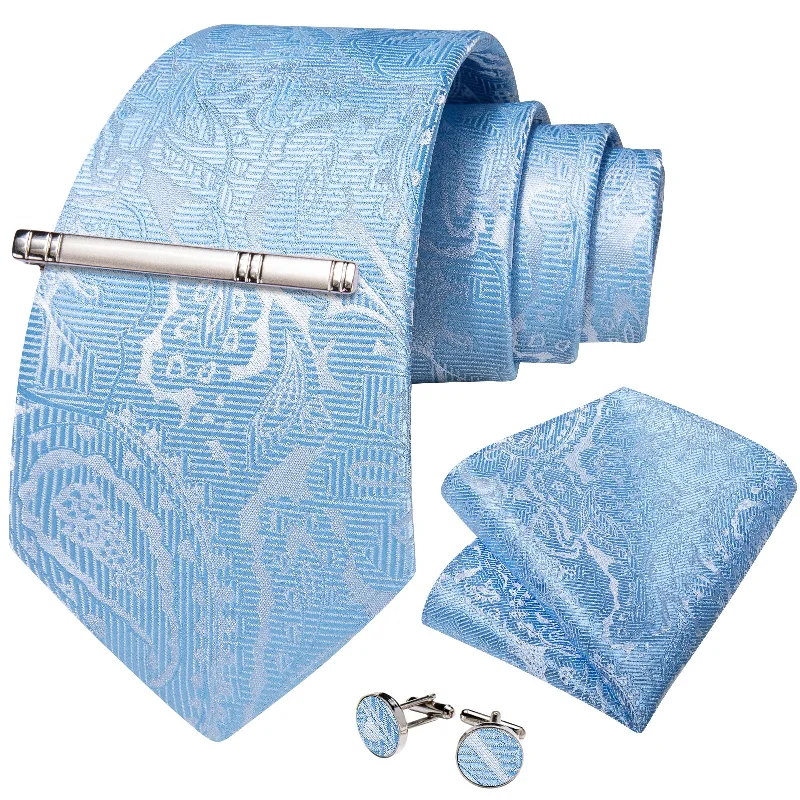 Modern men's tie with light patterns-Light Blue Floral Men's Tie Handkerchief Cufflinks Clip Set