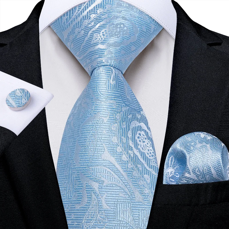 Luxury men's tie-Light Blue Floral Men's Tie Pocket Square Handkerchief Set