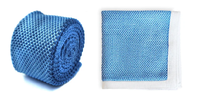 Men's tie with modern patterns-Light Blue Knitted Tie with Matching Pocket Square