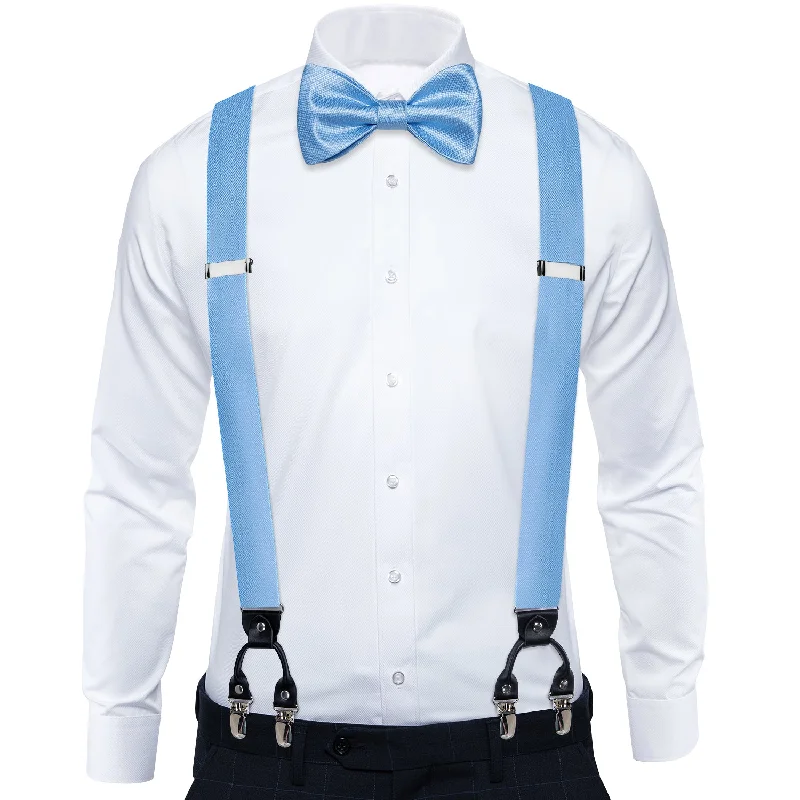 Men's silk tie for interviews-Light Blue Solid Brace Clip-on Men's Suspender with Bow Tie Set