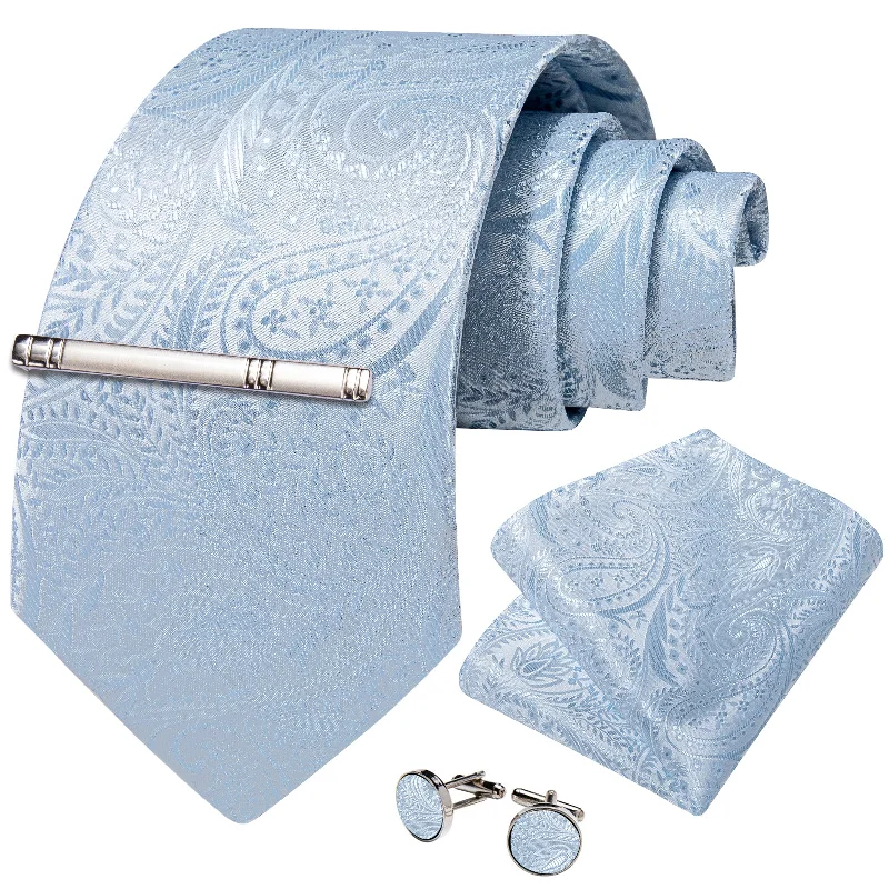 Men's vintage necktie-Light Blue Paisley Men's Tie Handkerchief Cufflinks Clip Set