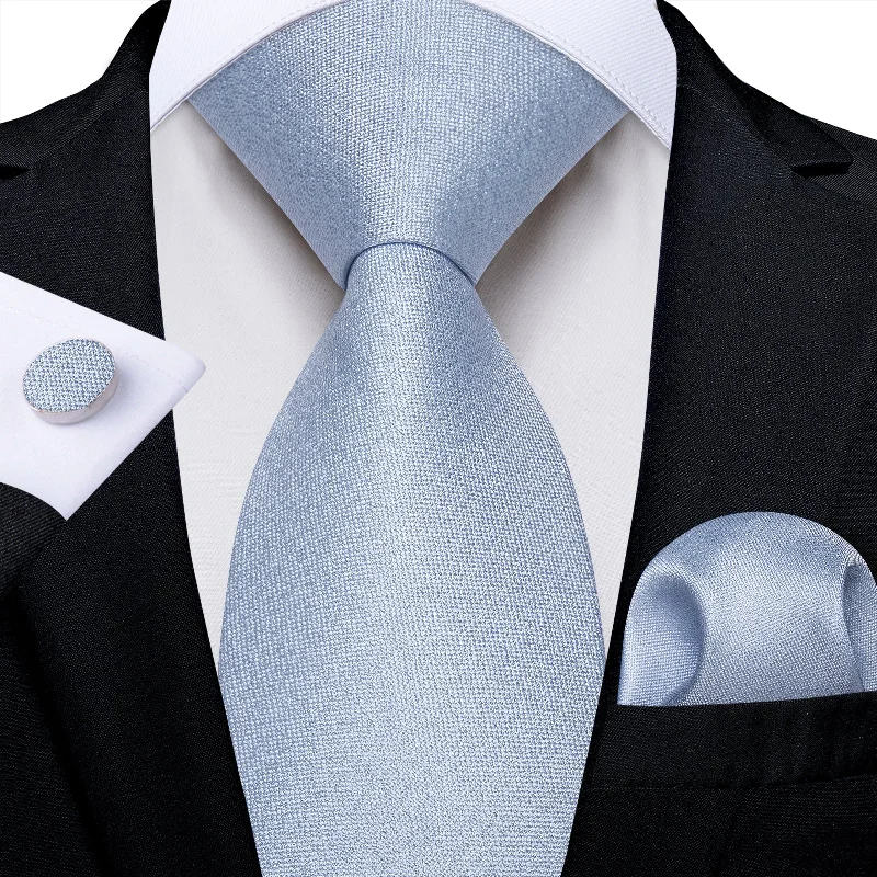 Elegant men's tie with solid color-Light Blue Solid Men's Tie Pocket Square Handkerchief Set