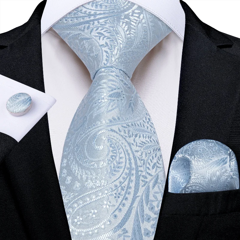 Affordable silk necktie for men-Light Blue Paisley Men's Tie Pocket Square Handkerchief Set