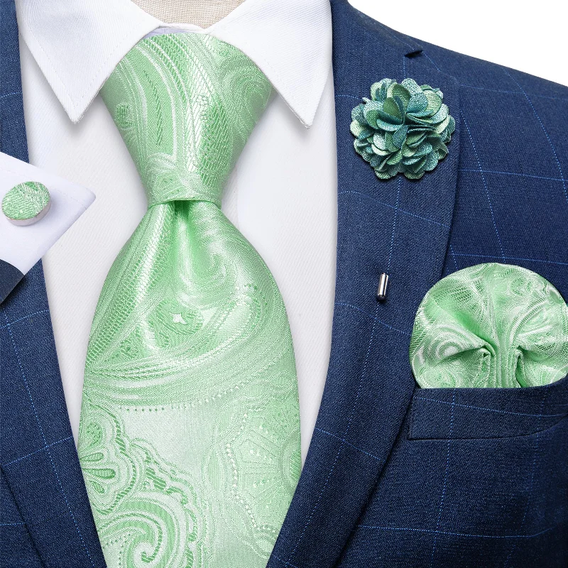 Affordable men's ties-Light Green Floral Silk Men's Necktie Handkerchief Cufflinks Set With Lapel Pin Brooch Set