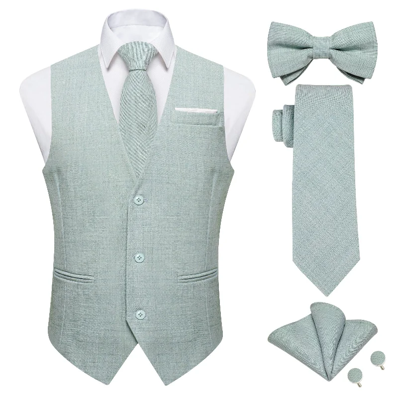 Men's tie with floral design-Light Green Solid Jacquard V Neck Vest Neck Bow Tie Handkerchief Cufflinks Set