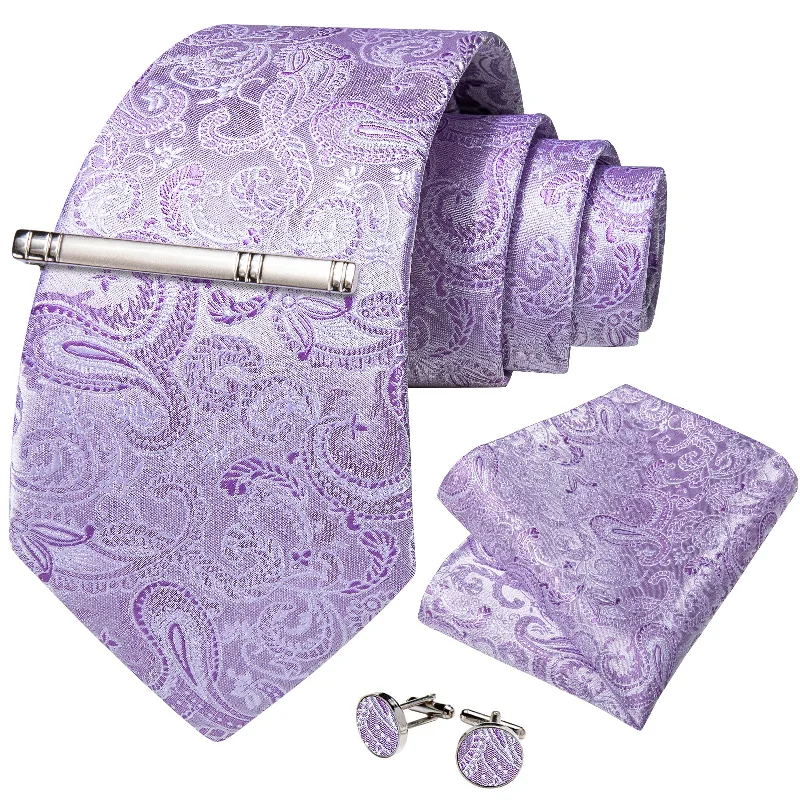 Best necktie for upscale events-Light Purple Red Floral Men's Tie Handkerchief Cufflinks Clip Set