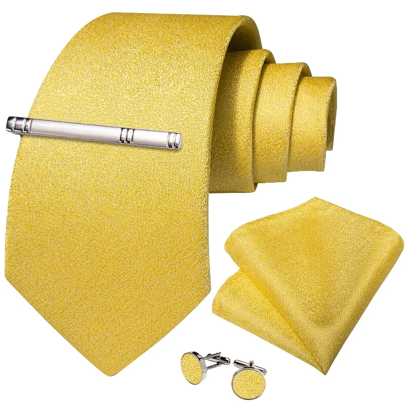 Men's tie with a floral motif-Light Yellow Solid Men's Tie Handkerchief Cufflinks Clip Set