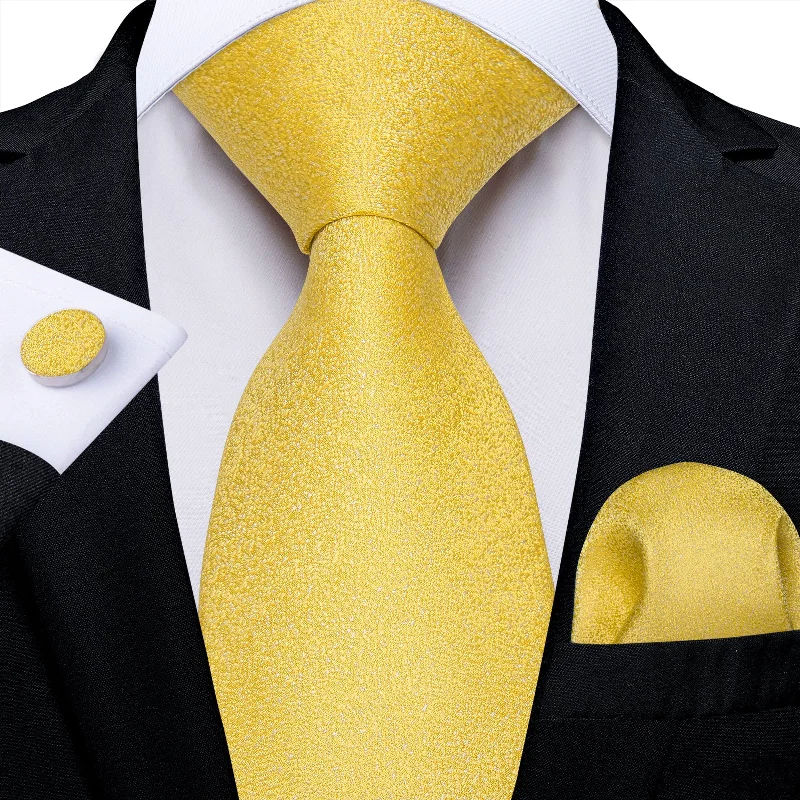 Men's silk tie for interviews-Light Yellow Solid Men's Tie Handkerchief Cufflinks Set