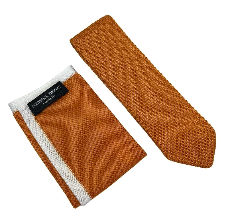 Best men's tie for casual Friday-Matching orange knitted pointed end tie and pocket square