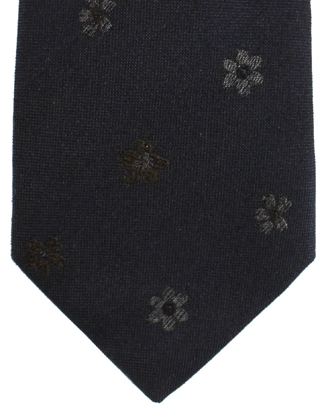 Men's necktie for evening attire-Luigi Borrelli Tie Dark Blue Brown Gray Floral - Wool Silk