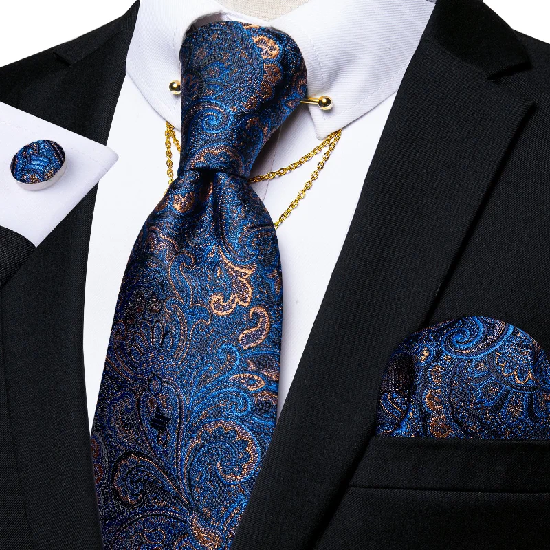 Men's necktie for upscale events-Luxury Blue Brown Paisley Silk Men's Tie Pocket Square Cufflinks with Collar Pin