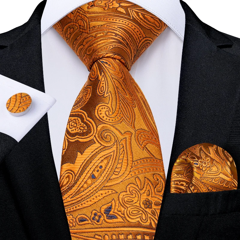 Classic men's tie with subtle texture-Luxury Golden Floral Men's Tie Handkerchief Cufflinks Set