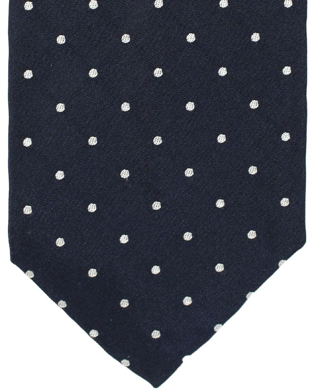 Men's premium silk tie-Massimo Valeri 11 Fold Tie Dark Blue Silver Polka Dots - Elevenfold Necktie