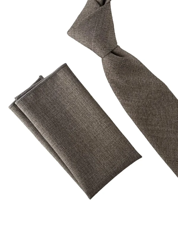 Men's tie with a rich texture-Matching beige taupe brown bamboo tie and pocket square